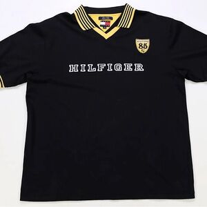 Rare Vintage TOMMY HILFIGER Spell Out 85 Shield Polo Soccer Shirt 90s Black
